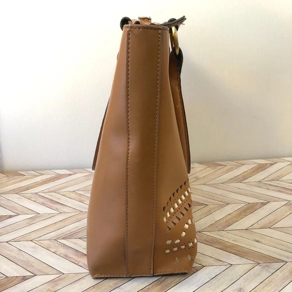 Faux Leather Vegan Camel Brown Tote Bag w/ Handles Country Western 70s Style - Picture 7 of 9